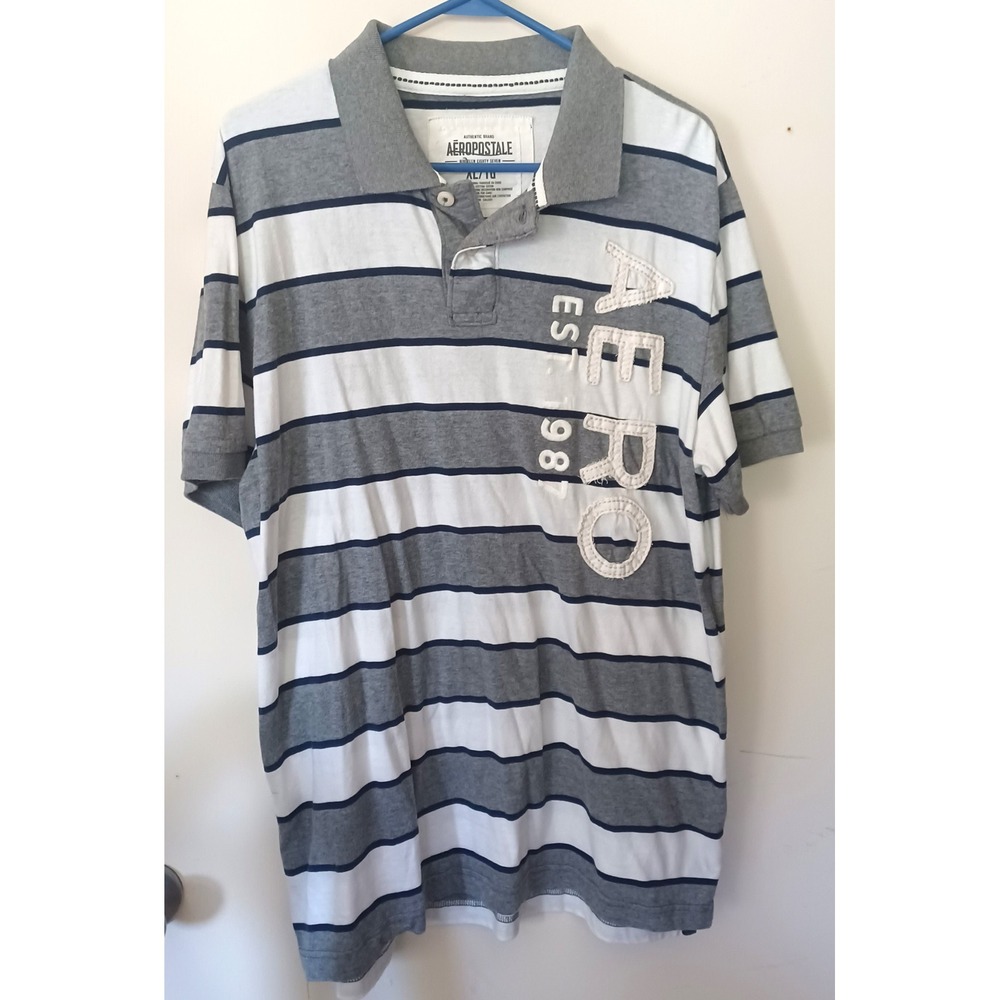 Aeropostale Polo Shirt Men XL White Grey Navy Blue Striped 3D Applique Logo Y2K